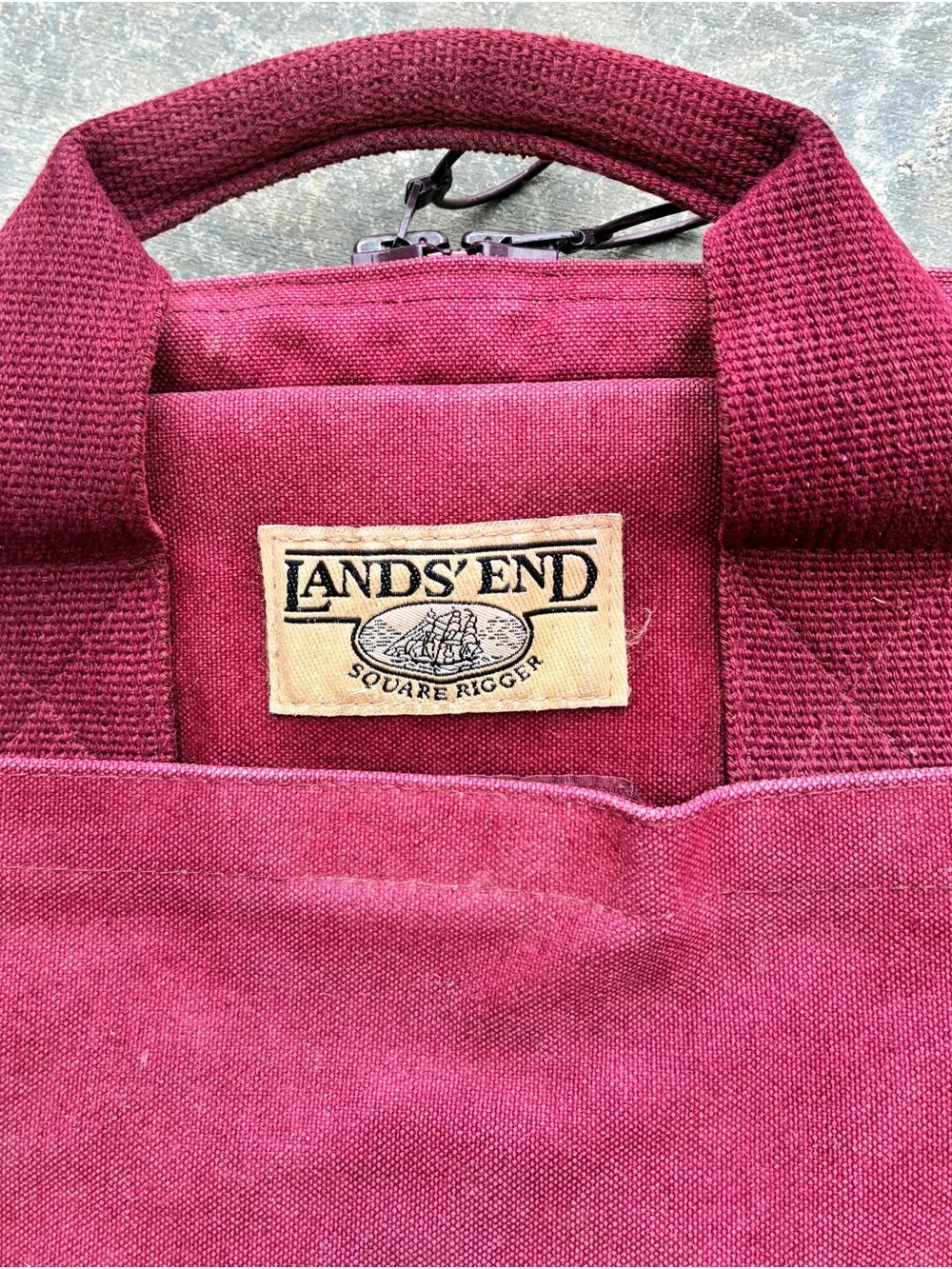 Lands End Canvas Square Messenger USA Made Maroon Distressed Bag Has Been Washed